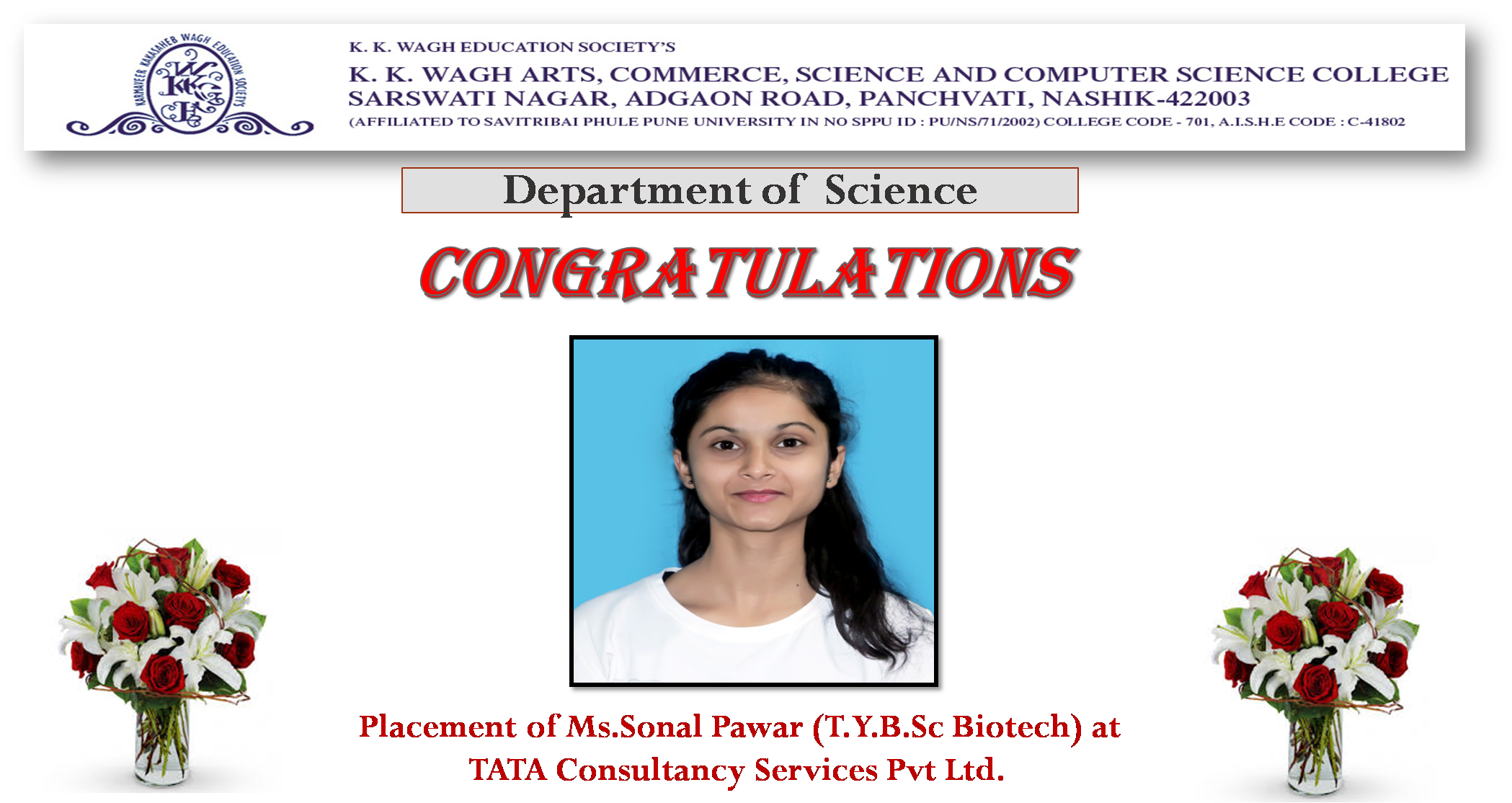Ms.Sonal Pawar TY B.Sc Biotech selected in TCS Pvt.Ltd. on 2021-22